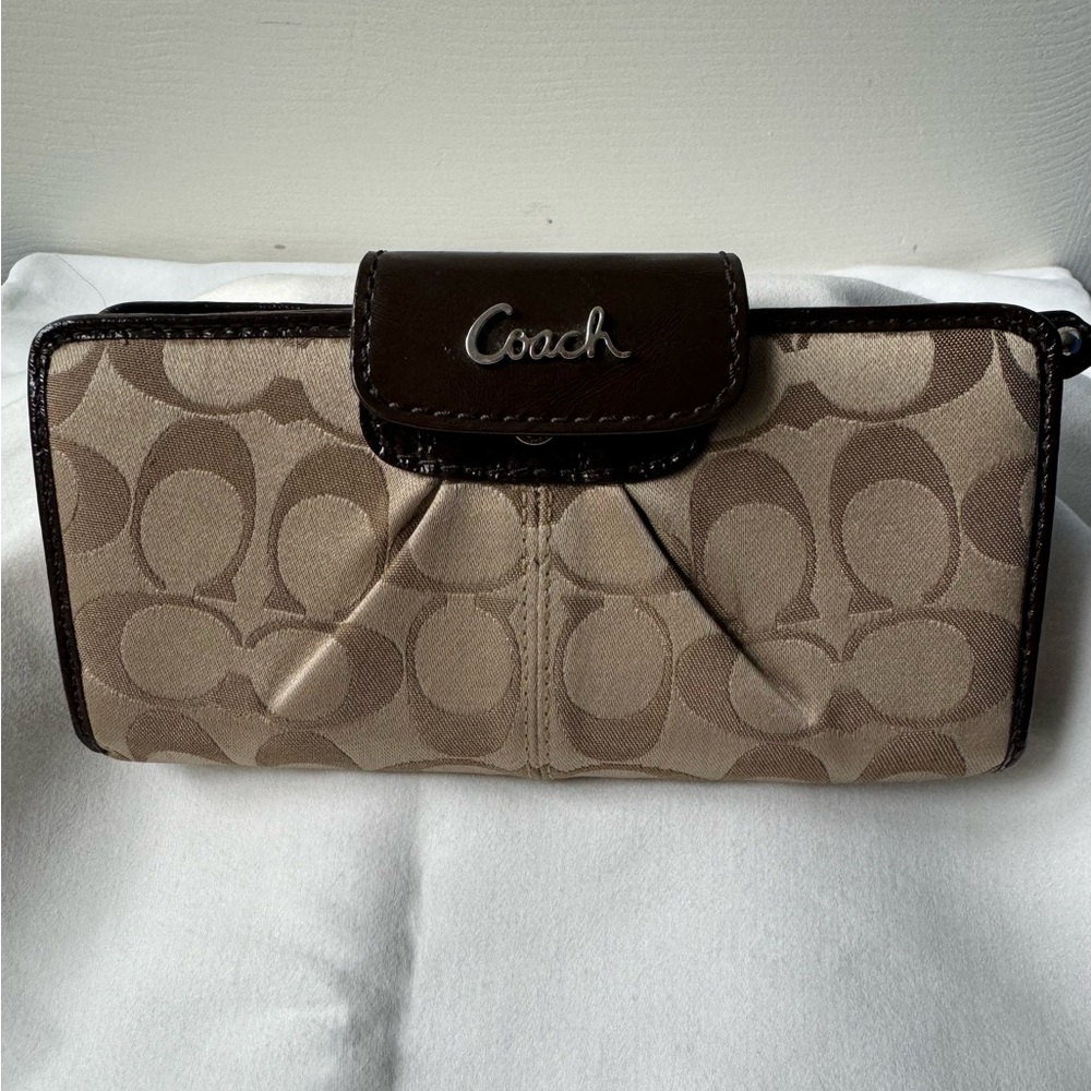 Coach Pleated Canvas Signature Wallet with Leather Trim
